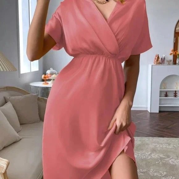 SHEIN | Dresses | Satin Coral Vneck Batwing Sleeve Wrap Aline High Waist  Midi Dress Sz L | Poshmark
